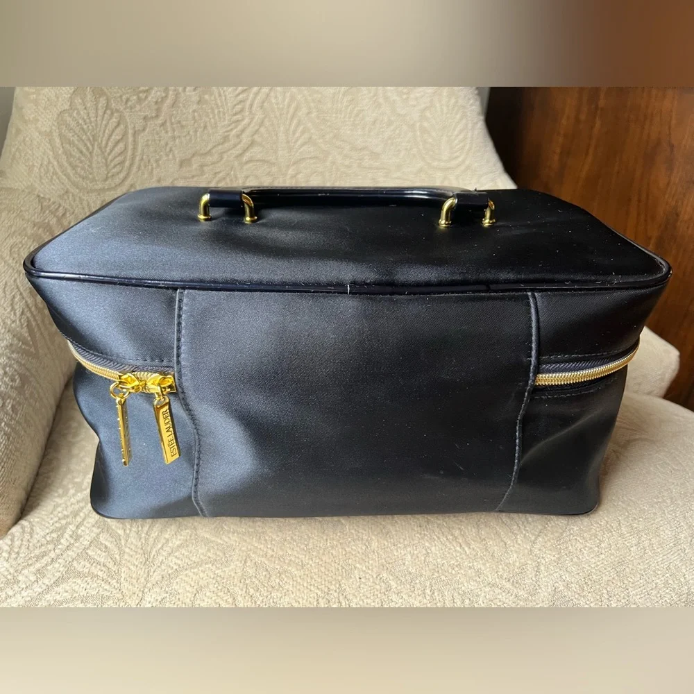 Estée Lauder Navy Train Case Gold Hardware Structured Large Makeup Vanity Box